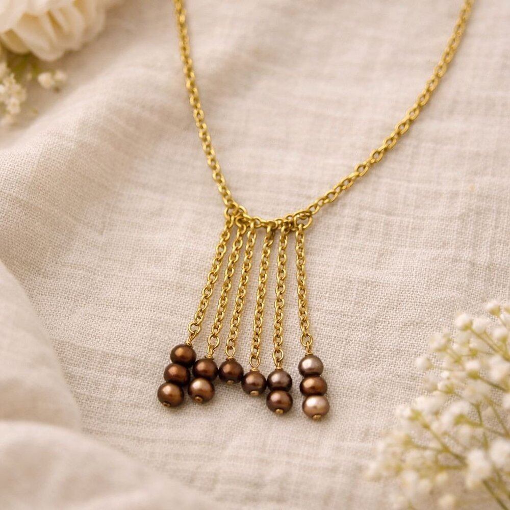 Gold Pearl Fringe Statement Necklace Vintage Bohemian Design‎
